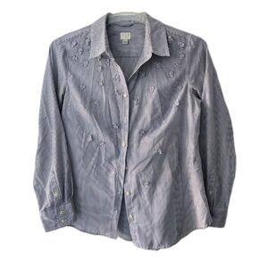 A New Day Stripe Flower Applique Button Down Shirt Blue White Women Collar Large